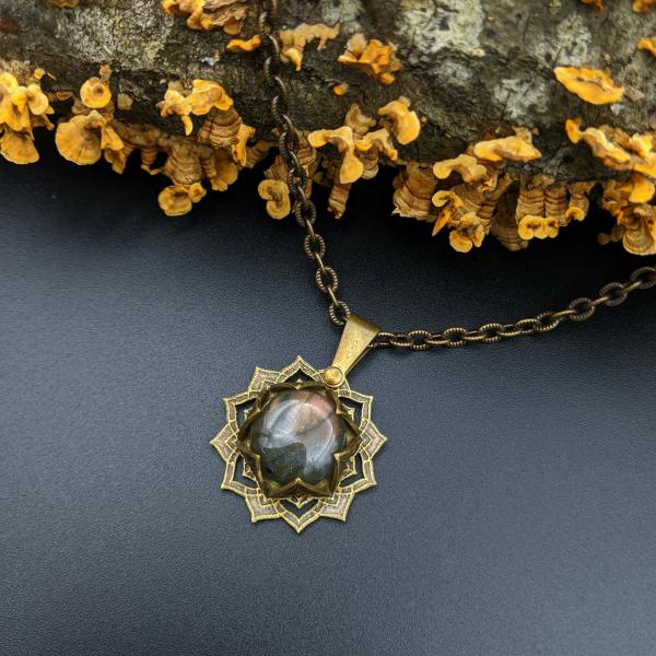 etched flower mandala necklace with labradorite