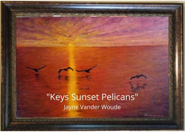 "Keys Sunset Pelicans" 36x24" Oil on Linen.  Framed. picture