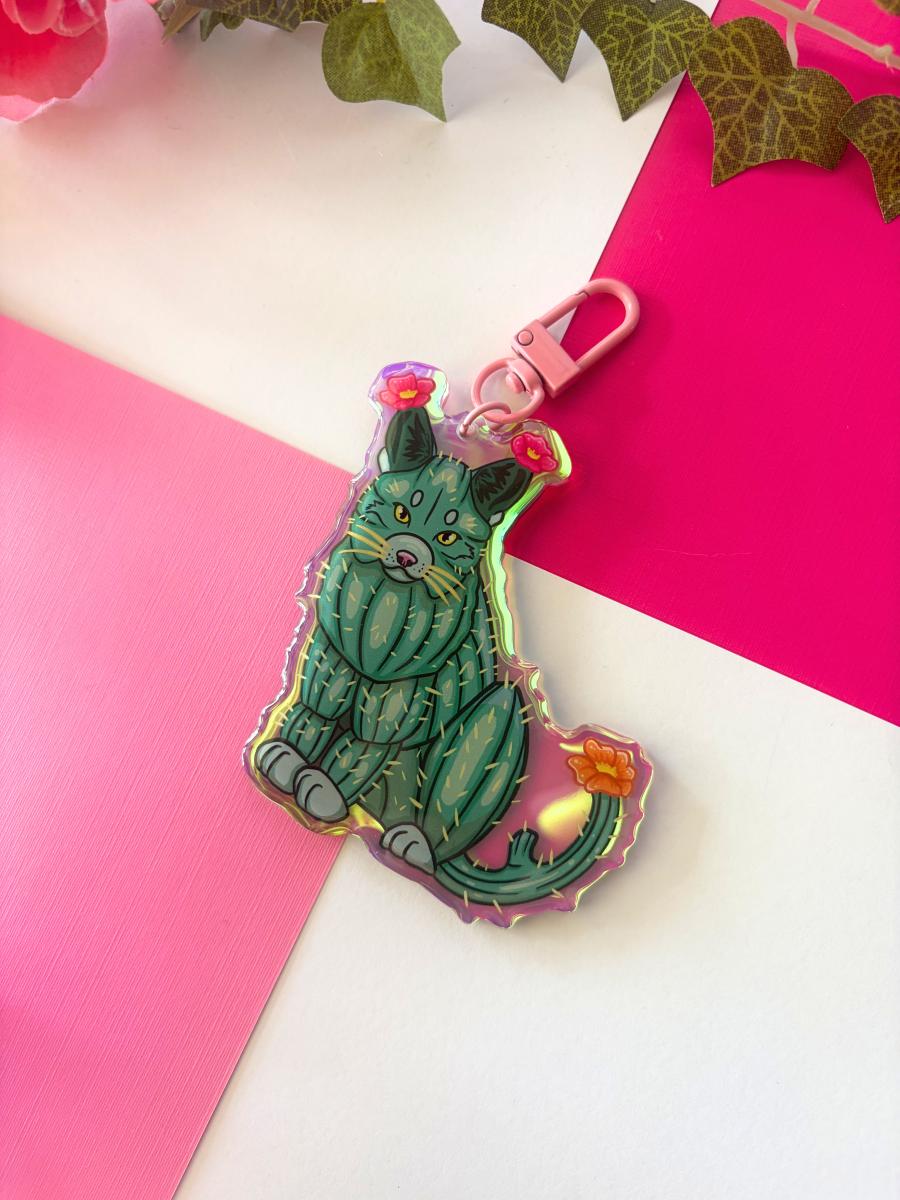 Cactus Cat 3in Rainbow Acrylic Keychain picture