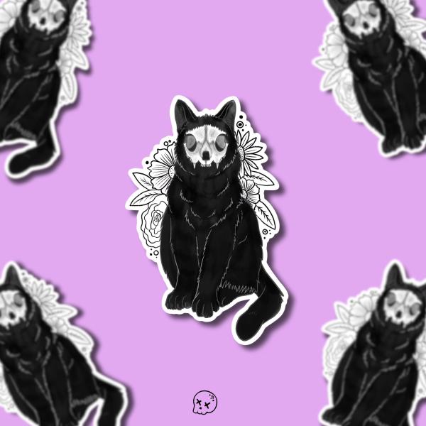 Skull Cat w/ Flowers Matte Sticker