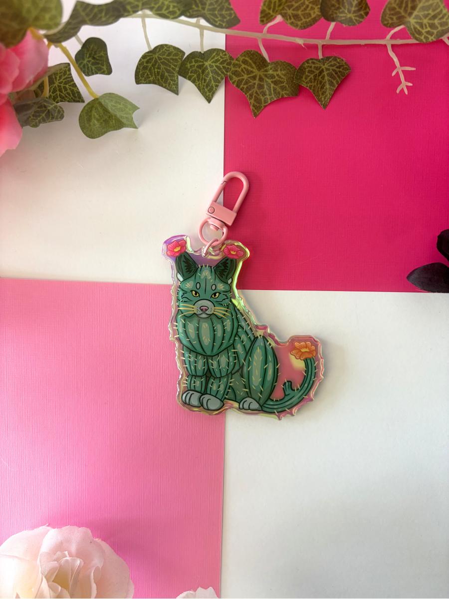 Cactus Cat 3in Rainbow Acrylic Keychain picture