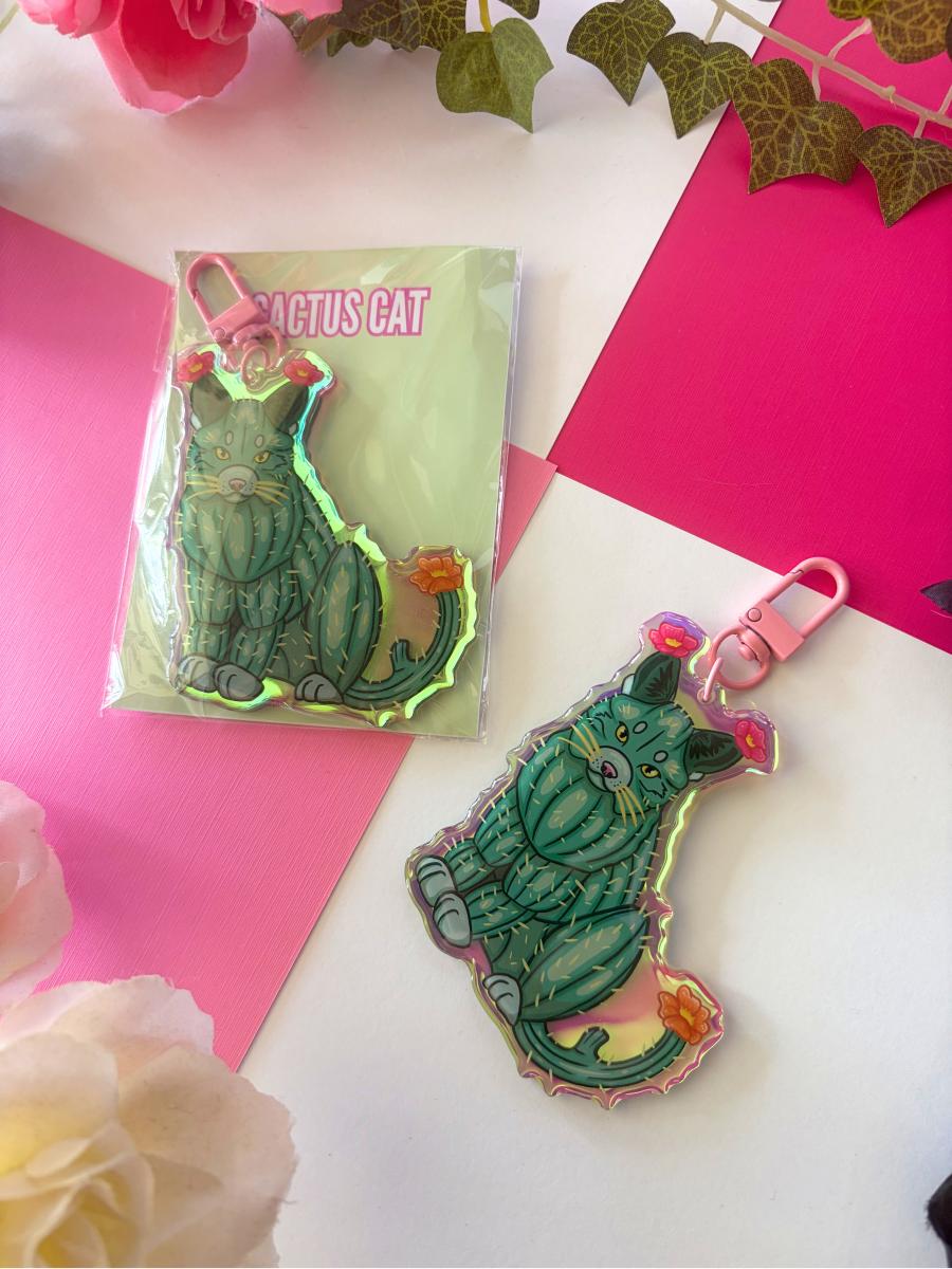 Cactus Cat 3in Rainbow Acrylic Keychain picture