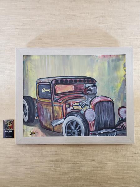 Original Painting, Framed Acrylic on Canvas Panel (16"x20"), "34 Ford Rat Rod" picture