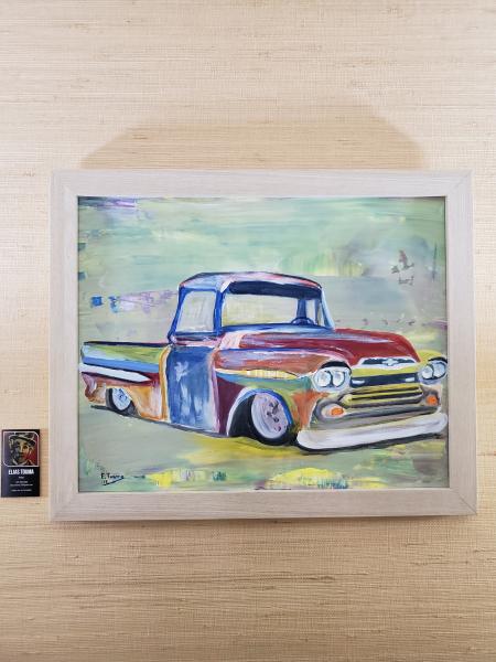 Original Painting, Framed Acrylic on Canvas Panel (16"x20"), "Apache Chevy Truck 55"