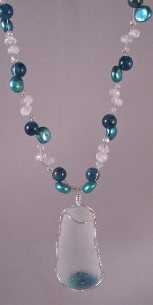 English Aqua and White Multi on Apatite, Freshwater Peal and Moonstone Chain with Sterling Silver Findings