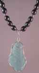 Russian Aqua Pendant Wrapped in Sterling Silver On Black Freshwater Pearl and Sterling Silver Chain