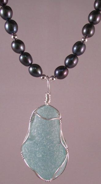 Russian Aqua Pendant Wrapped in Sterling Silver On Black Freshwater Pearl and Sterling Silver Chain picture