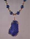 Puerto Rican Blue Pendant Wrapped in Gold Fill with Lapis and Gold Fill Chain