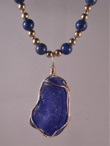 Puerto Rican Blue Pendant Wrapped in Gold Fill with Lapis and Gold Fill Chain