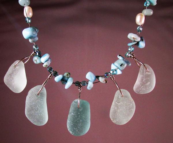 Five Piece English Seaglass with a Floating Chain of Laramar, Amazonite, Freshwater Pearls and Sterling Silver Findings
