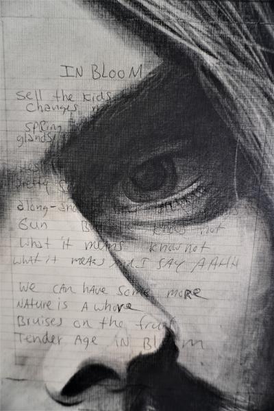 Kurt Cobain, 30" by 40" Charcoal over handwritten lyrics on gallery wrapped canvas picture