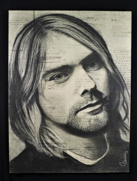 Kurt Cobain, 30" by 40" Charcoal over handwritten lyrics on gallery wrapped canvas