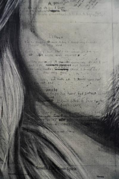 Kurt Cobain, 30" by 40" Charcoal over handwritten lyrics on gallery wrapped canvas picture