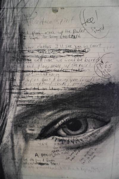 Kurt Cobain, 30" by 40" Charcoal over handwritten lyrics on gallery wrapped canvas picture