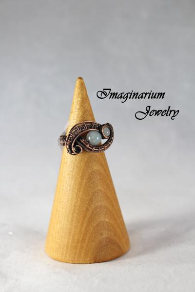 Aquamarine and Rainbow Moonstone Woven Copper Wire Wrapped Ring picture