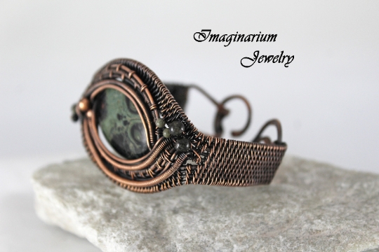 Kambaba Jasper and Tourmaline Intricately Woven Copper Wire Wrapped Cuff With Hammered Clasp picture