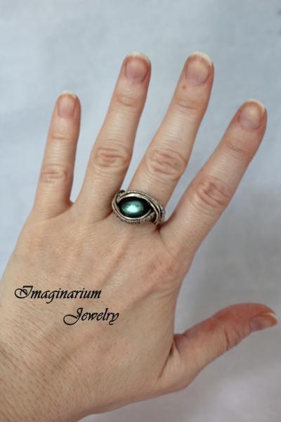 Teal Labradorite Sterling and Fine Silver Wire Wrapped Ring Size 6.5