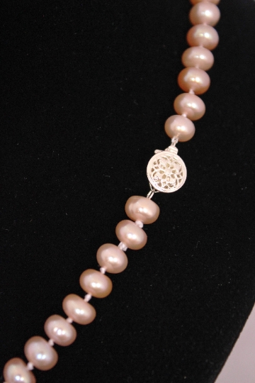 Peach Single Strand Button Freshwater Pearl Necklace With Sterling Silver Clasp