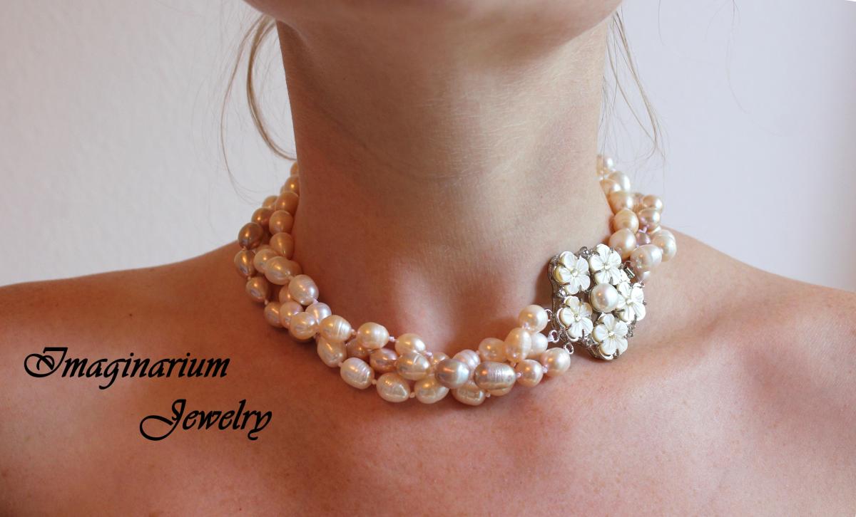 White, Peach, And Mauve Three Strand Twisted Freshwater Pearl Necklace With Flower Box Pearl Clasp picture