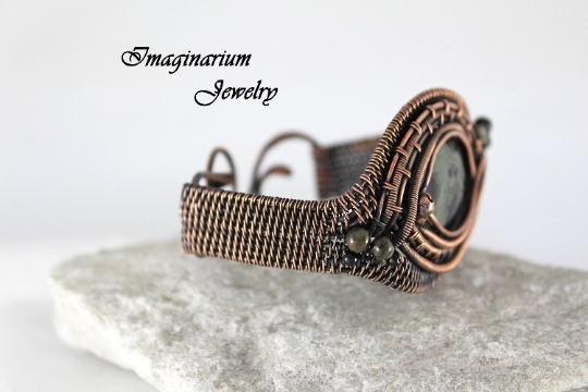 Kambaba Jasper and Tourmaline Intricately Woven Copper Wire Wrapped Cuff With Hammered Clasp picture