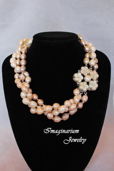 White, Peach, And Mauve Three Strand Twisted Freshwater Pearl Necklace With Flower Box Pearl Clasp picture