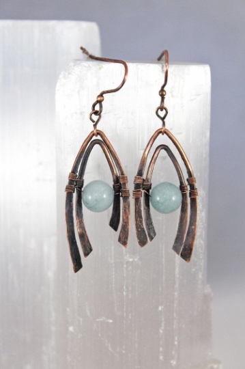 Aquamarine Copper Wishbone Hammered Earrings