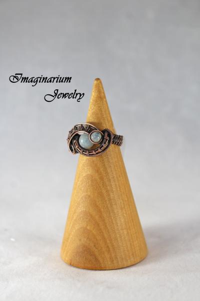 Aquamarine and Rainbow Moonstone Woven Copper Wire Wrapped Ring picture