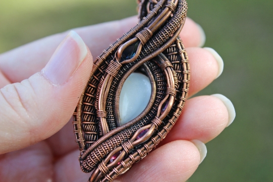 Moonstone, Sapphire, and Tourmaline Copper Wire Wrapped and Woven Pendant picture