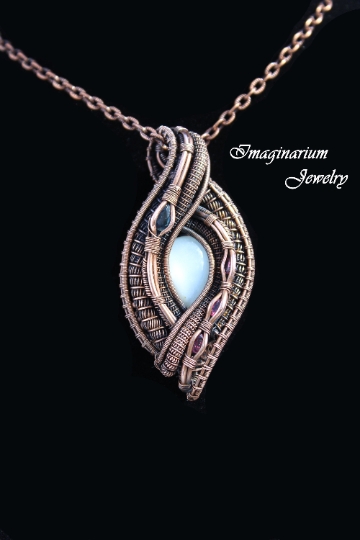 Moonstone, Sapphire, and Tourmaline Copper Wire Wrapped and Woven Pendant