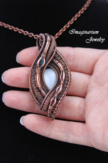 Moonstone, Sapphire, and Tourmaline Copper Wire Wrapped and Woven Pendant picture