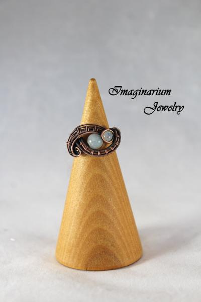 Aquamarine and Rainbow Moonstone Woven Copper Wire Wrapped Ring picture