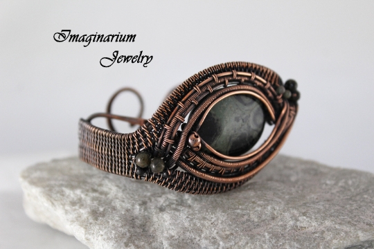 Kambaba Jasper and Tourmaline Intricately Woven Copper Wire Wrapped Cuff With Hammered Clasp picture