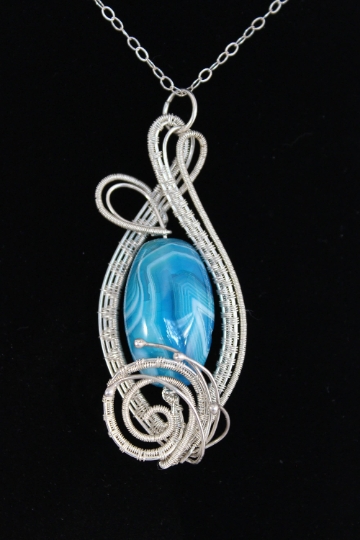 Bright Blue Striped Agate Sterling and Fine Silver Wire Wrapped Pendant