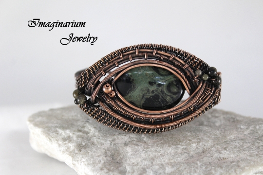 Kambaba Jasper and Tourmaline Intricately Woven Copper Wire Wrapped Cuff With Hammered Clasp picture