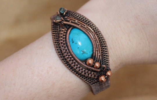 Kambaba Jasper and Tourmaline Intricately Woven Copper Wire Wrapped Cuff With Hammered Clasp picture