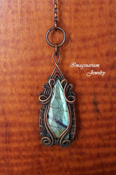 Long Statement Hammered Copper and Wire Wrapped Double Sided Labradorite Copper Pendant