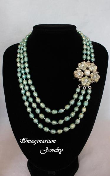 Teal Freshwater Pearl Three Strand Necklace With Flower Box Pearl Clasp