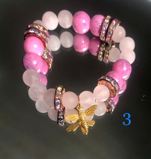 Women 6 1/2 inches stretchy beaded bracelets with charm, semi precious stones, glass beads, picture