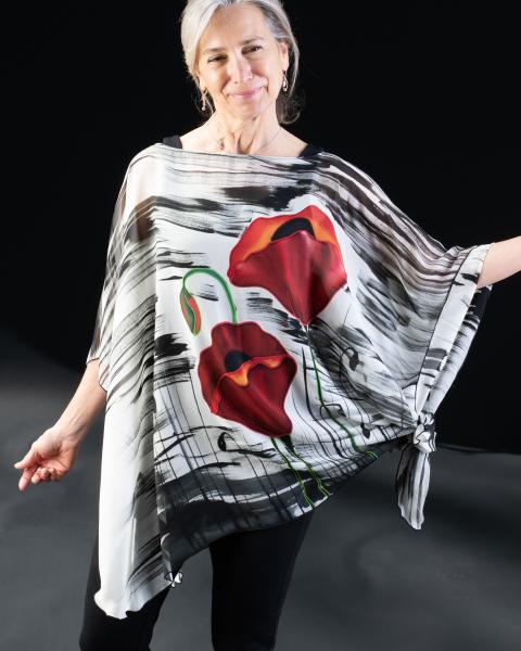 Painterly Red Poppy Silk Chiffon Poncho picture