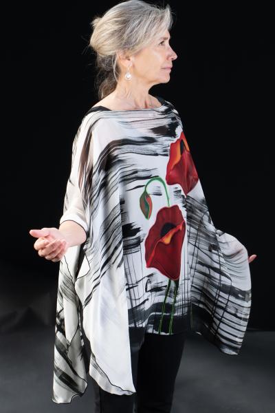 Painterly Red Poppy Silk Chiffon Poncho picture