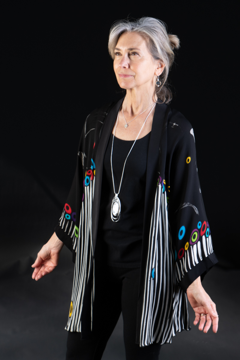 Hand Painted Silk Jacket in BUBBLES and STRIPES design/Black picture