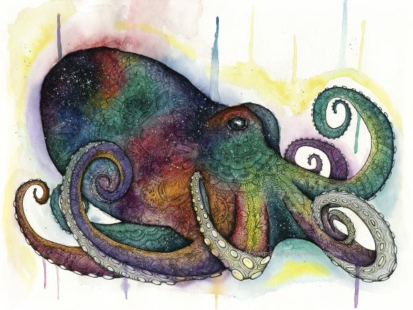 Cosmic Octopus Print, Watercolor and Pen and Ink, by Haylee McFarland