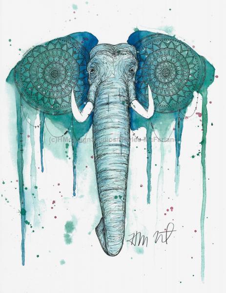 Teal Elephant Print, Watercolor and Pen and Ink, by Haylee McFarland