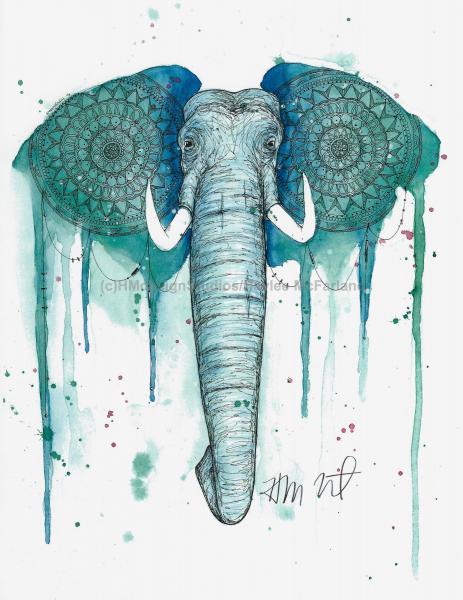 Teal Elephant Print, Watercolor and Pen and Ink, by Haylee McFarland picture