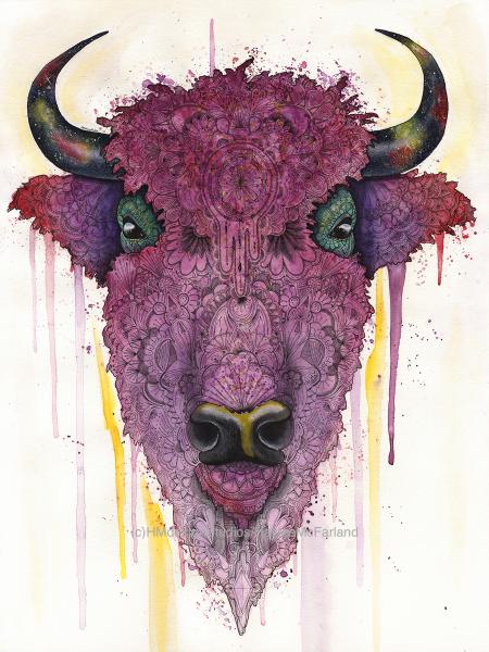 Cosmic Bison, LIMITED EDITION PRINT, Watercolor and Pen and Ink, by Haylee McFarland