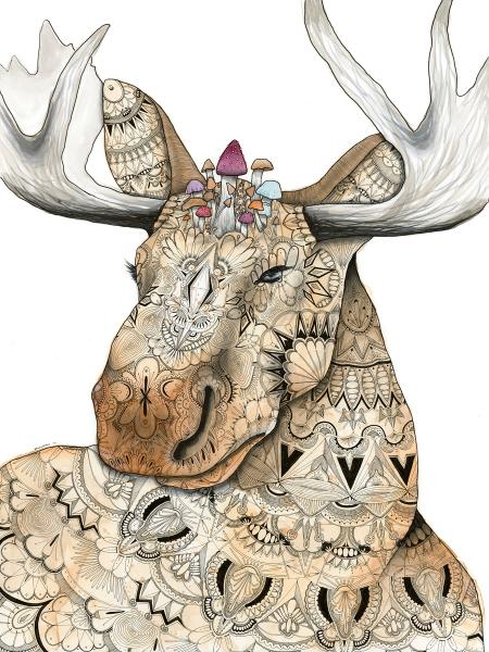 Moose with Mushrooms Print, Watercolor and Pen and Ink, by Haylee McFarland