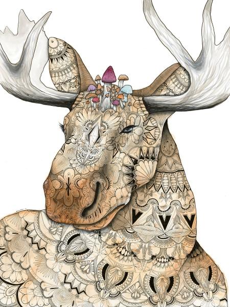 Moose with Mushrooms Print, Watercolor and Pen and Ink, by Haylee McFarland picture