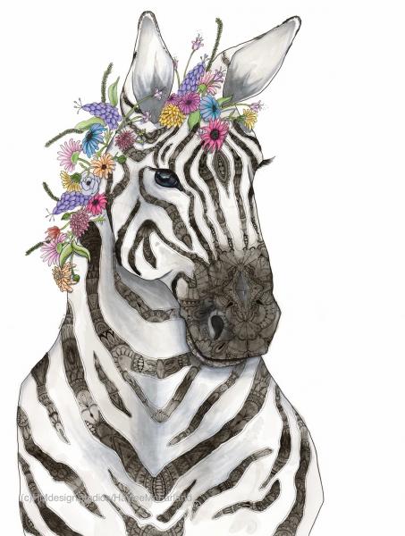 Zebra with Flowers, LIMITED EDITION PRINT, Watercolor and Pen and Ink, by Haylee McFarland