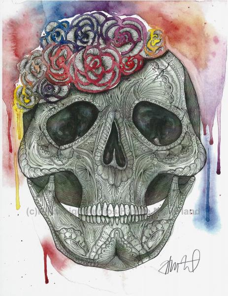 Sugar Skull Print, Watercolor and Pen and Ink, by Haylee McFarland
