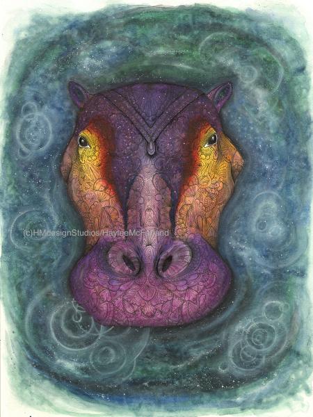 Cosmic Hippo, LIMITED EDITION PRINT, Watercolor and Pen and Ink, by Haylee McFarland